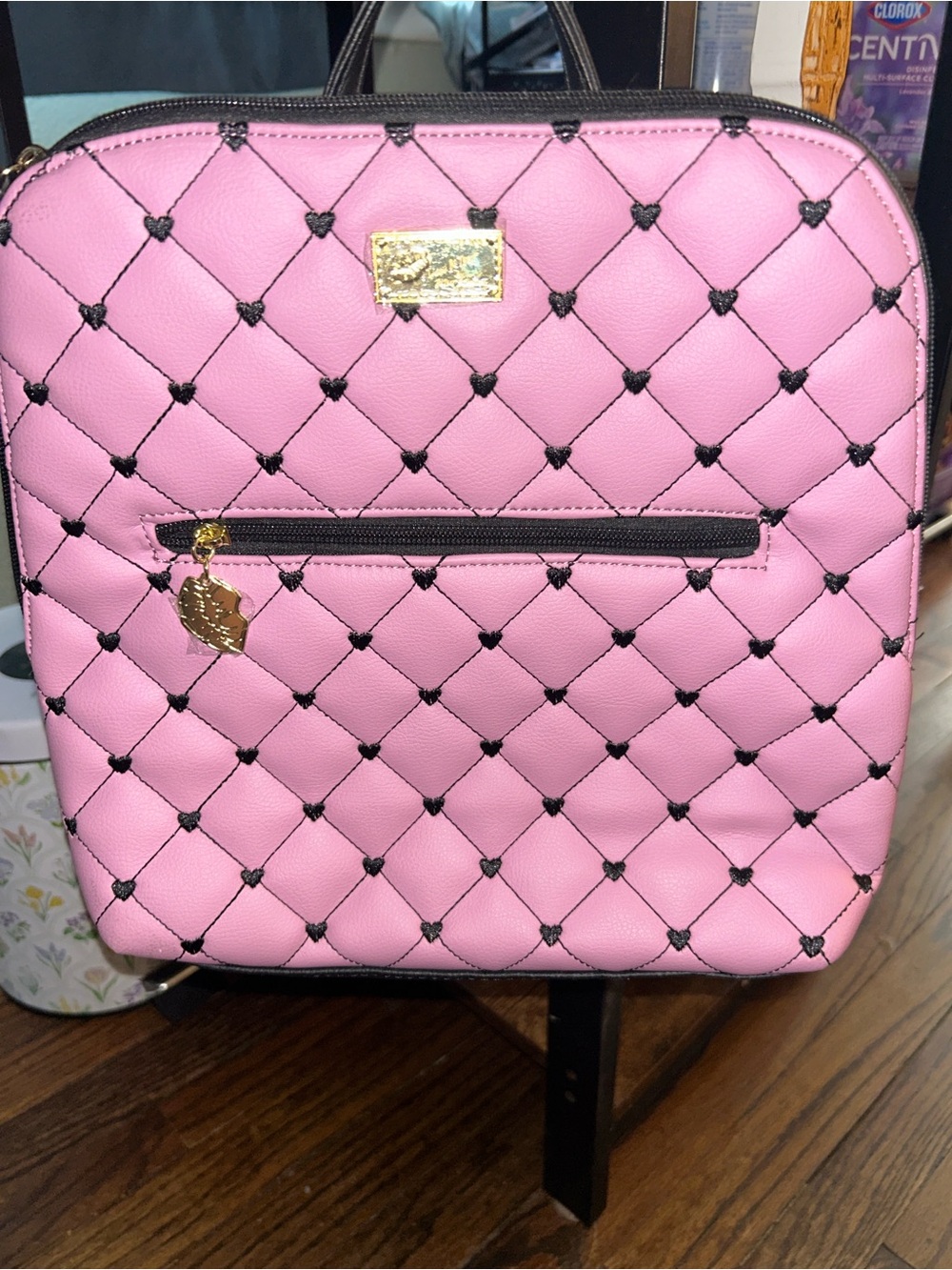Betsey Johnson mauve heart print quilted backpack NWT